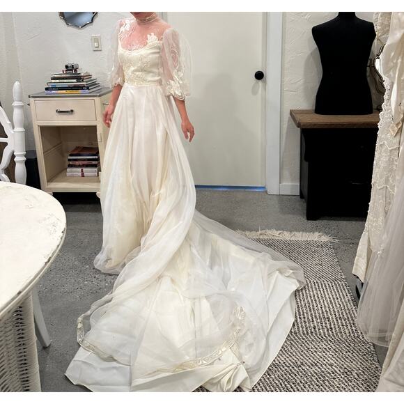 American Vintage Dresses & Skirts - Women's Small Gown Cream Chiffon 1970s Edwardian 1900s A-Line Bridal Gown